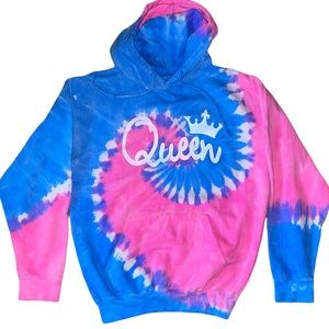 Exist “Queen” Logo Hoodie Tie Dye Sweatshirt Blue Pink White Size:Medium